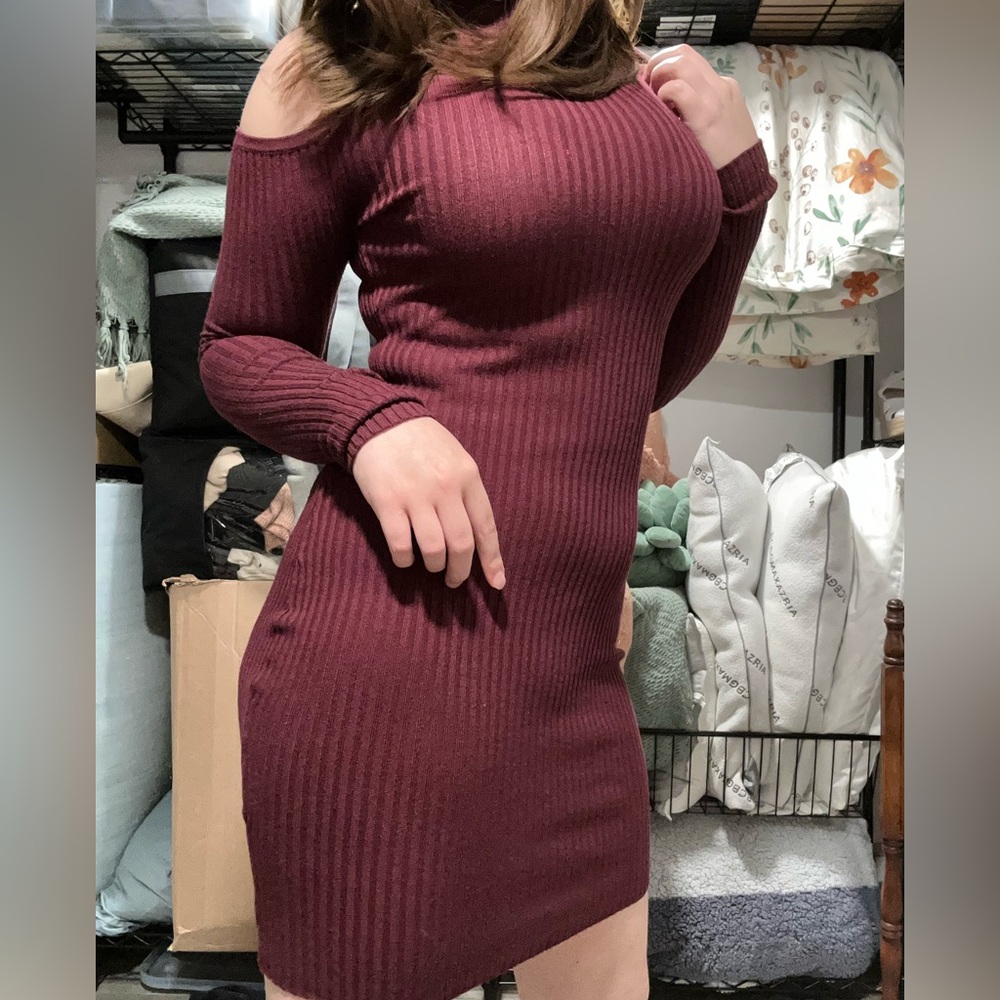 Form Fitting Cold Shoulder Sweater Dress